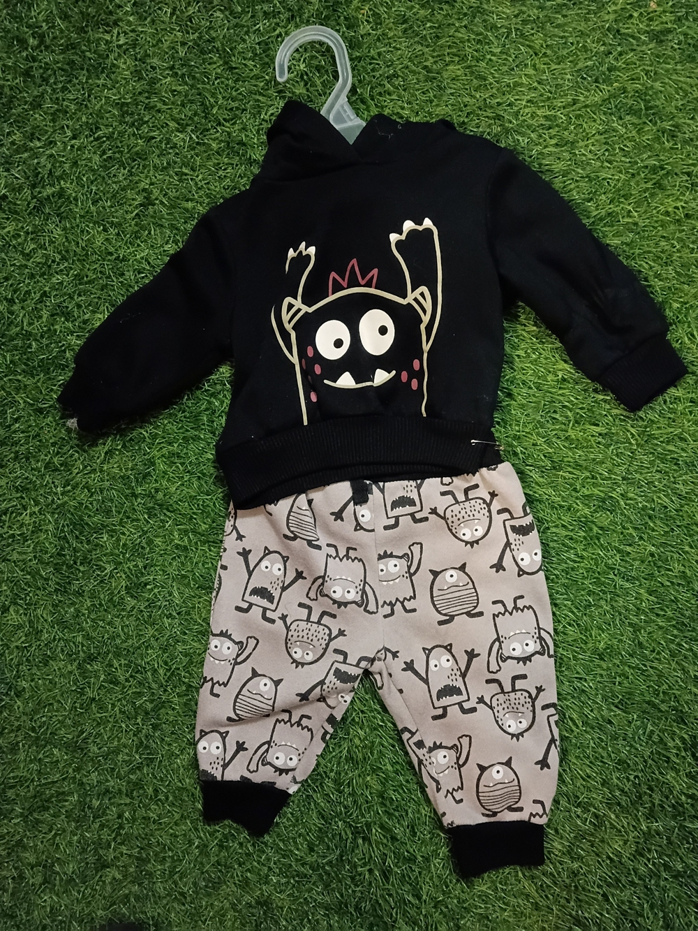 Kids Black Monster Hoodie and Gray Monster Print Joggers Set